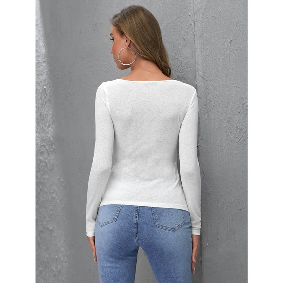 Long sleeve henley Button up Fitted Top white - Picture 2 of 11